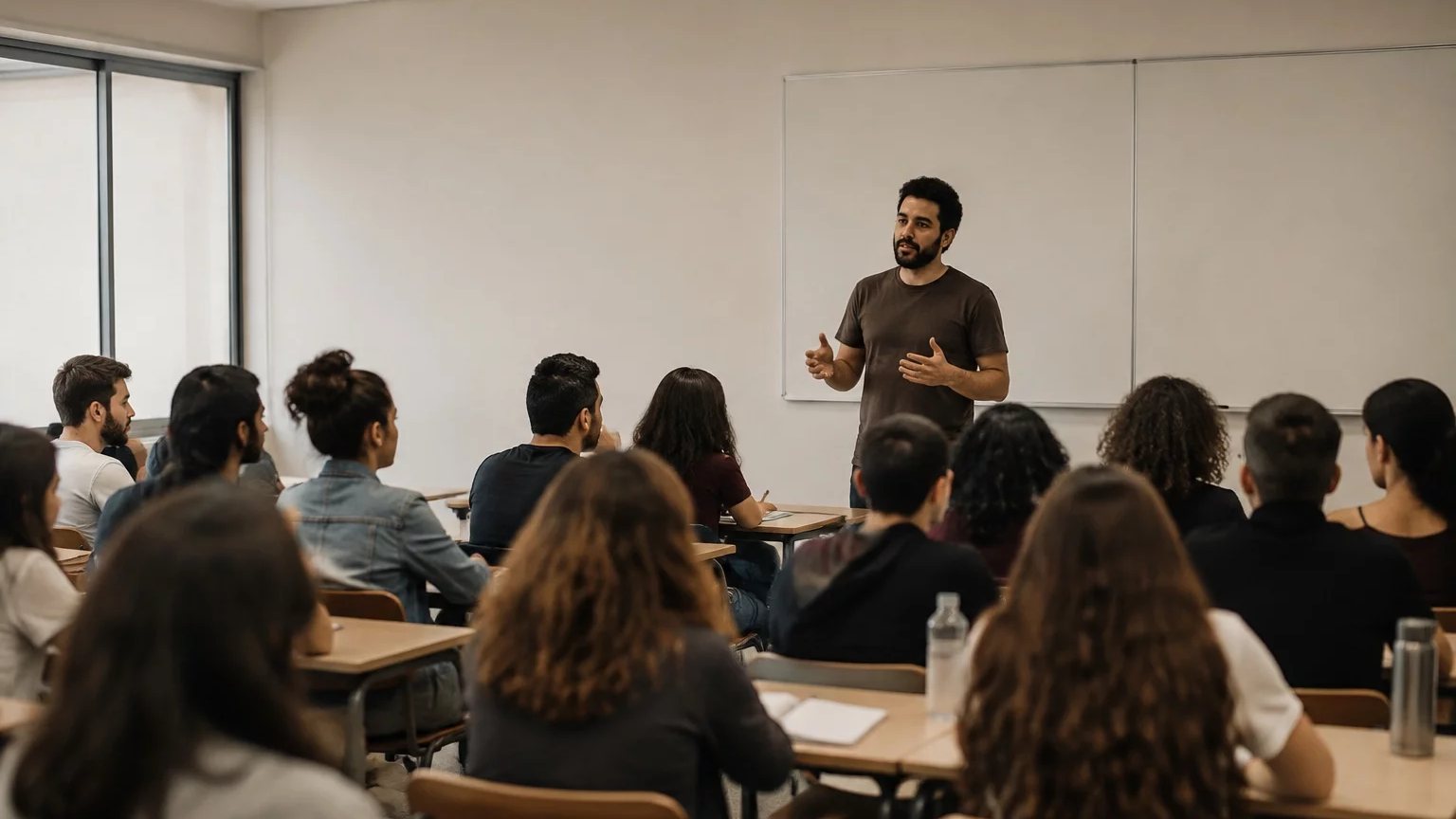 Participante com a mão erguida à mesa, pedindo a vez de responder